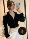DAZY 벨벳 대비 색상 패치워크 나비 넥타이 크롭트 스웨트셔츠, 긴팔 탑스