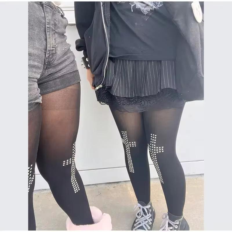 레트로 크로스 핫 브릭 스타킹 여성용 2000년대 타이트 팬츠 탄력성 미학 힙합 스트리트 캐주얼 코스프레 감성 Y2K 양말