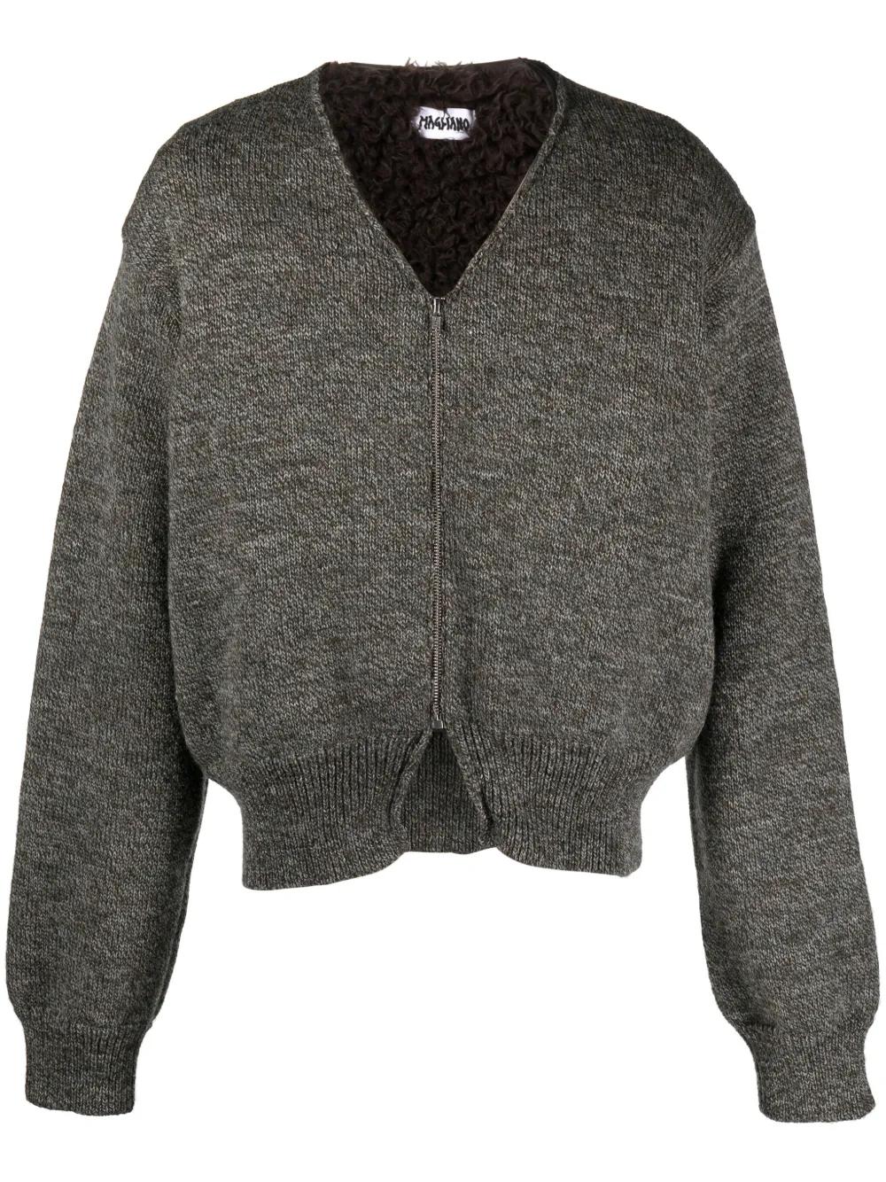 V-neck zip-up wool cardigan