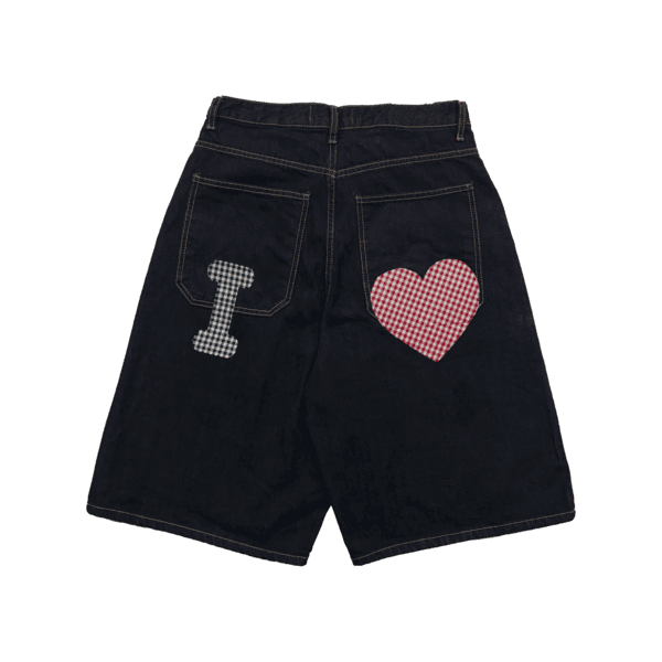 I LOVE CHECK PATTERN HALF DENIM PANTS