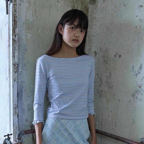Sleeve Ruffle Stripe Tee_Blue