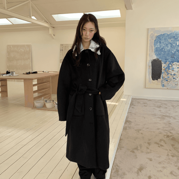 wool white cut black removable doll collar minimalist long coat