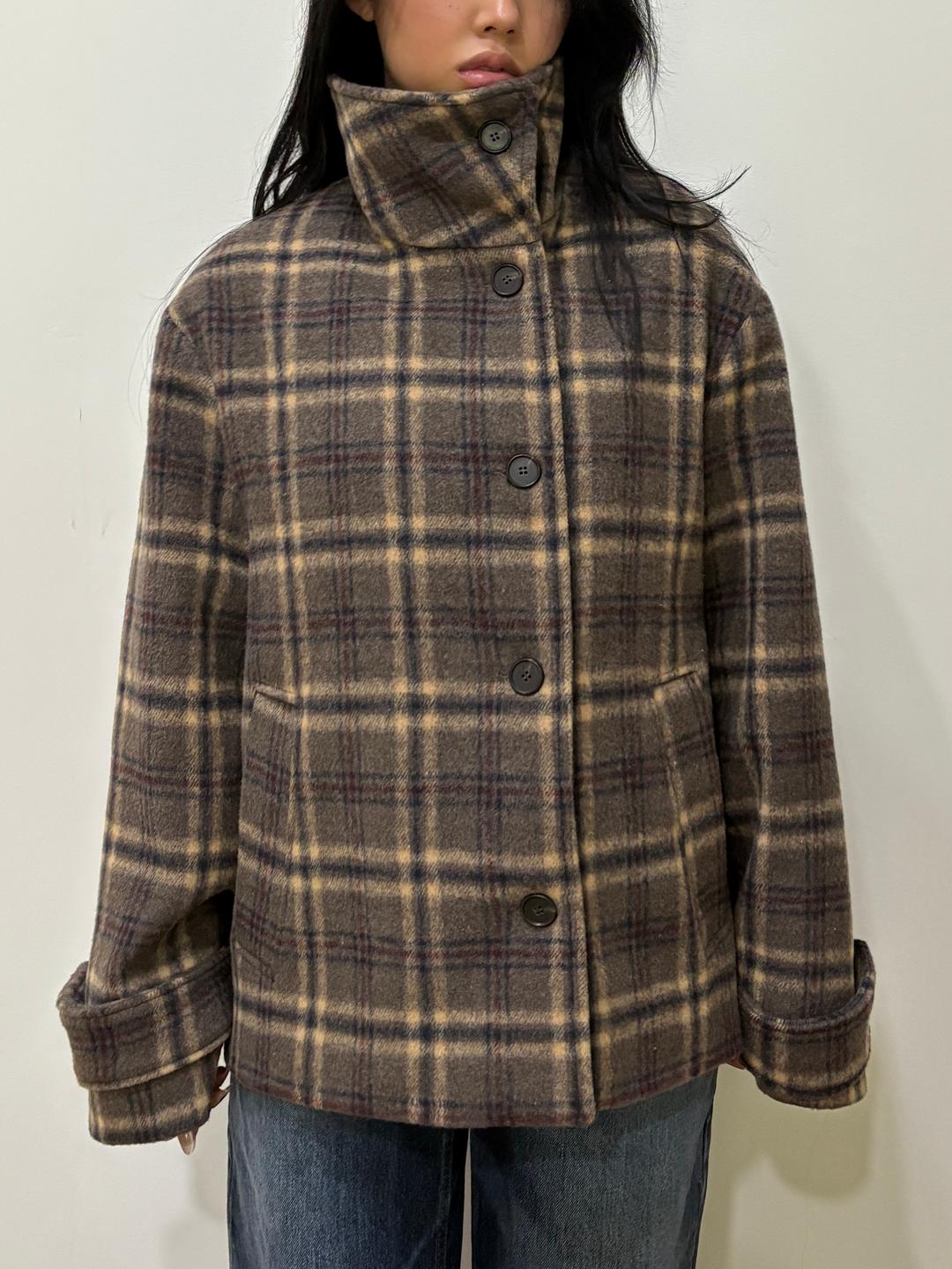 Daunt check high neck wool coat