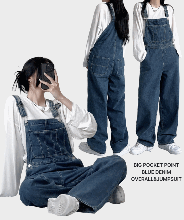투이어즈 [당일출고🚀] 포켓 데님 오버롤 롱 와이드 멜빵 팬츠