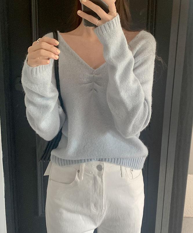 니어웨어 [겨울신상⛄모델소장/당일발송] 언유즈얼리 마레 셔링 브이넥 니트 (7color)