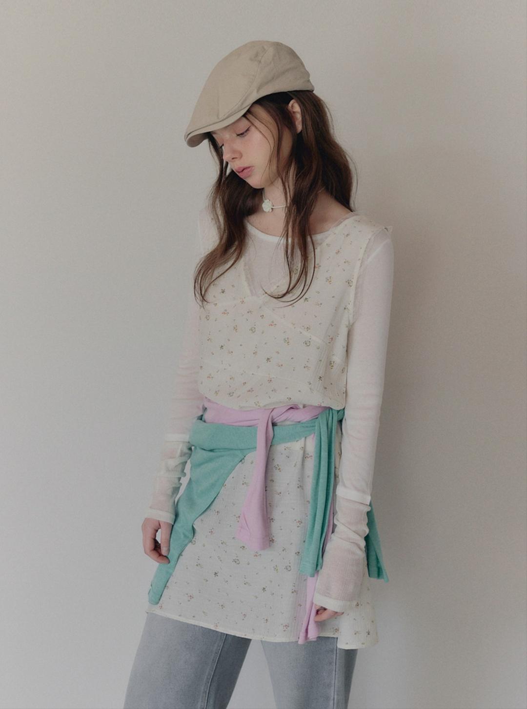 트위 폴릿 플라워 레이스 슬리브리스 미니 원피스