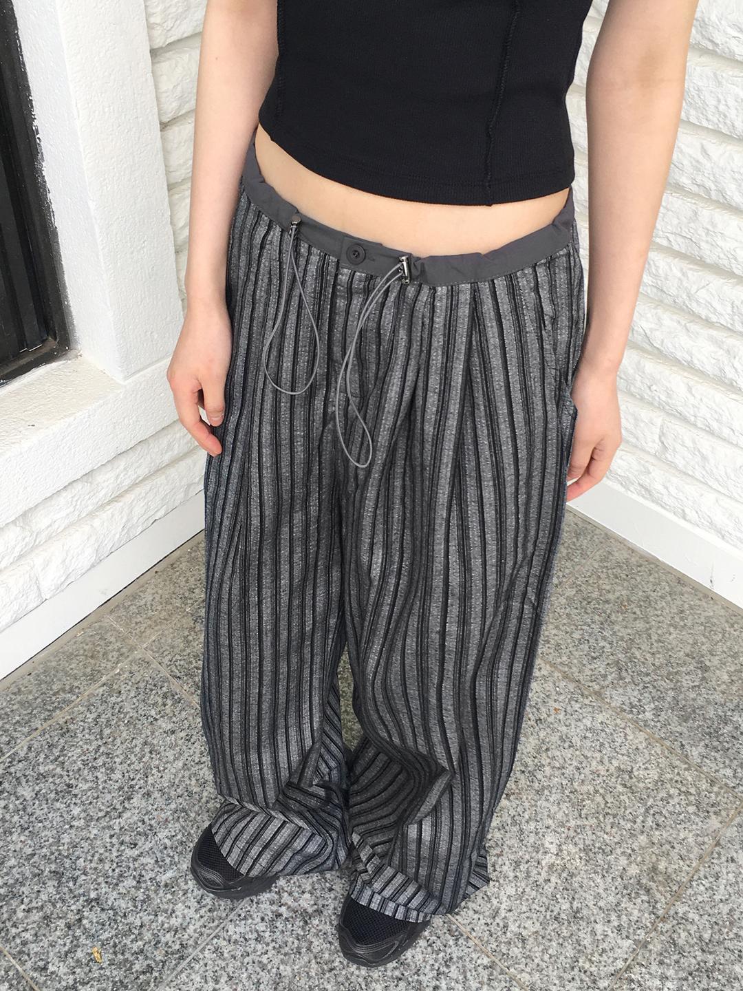 원더원더 [컬러추가/4천장판매] 라펙 스트라이프 배색 스트링 롱 와이드 팬츠