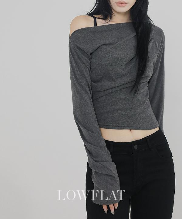 로우플랫 기모 드레이프 허리 셔링 긴팔 스판 티셔츠
