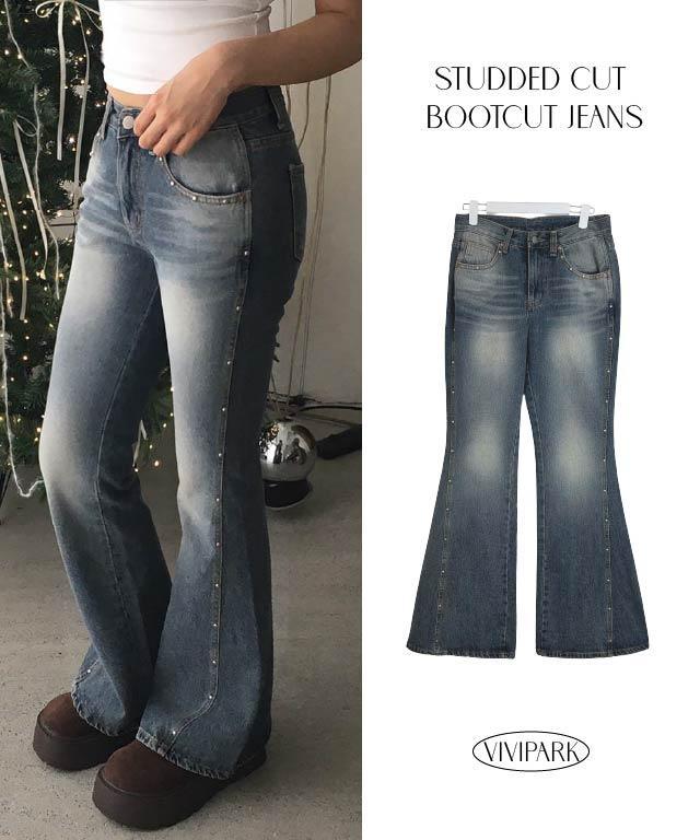비비파크 [핏보장템/스터드point!]펄 스터드 찡 절개 라인 부츠컷 데님 청바지(겨울/겨울신상/연말룩/크리스마스/스터드/부츠컷/허얇골넓/골반)
