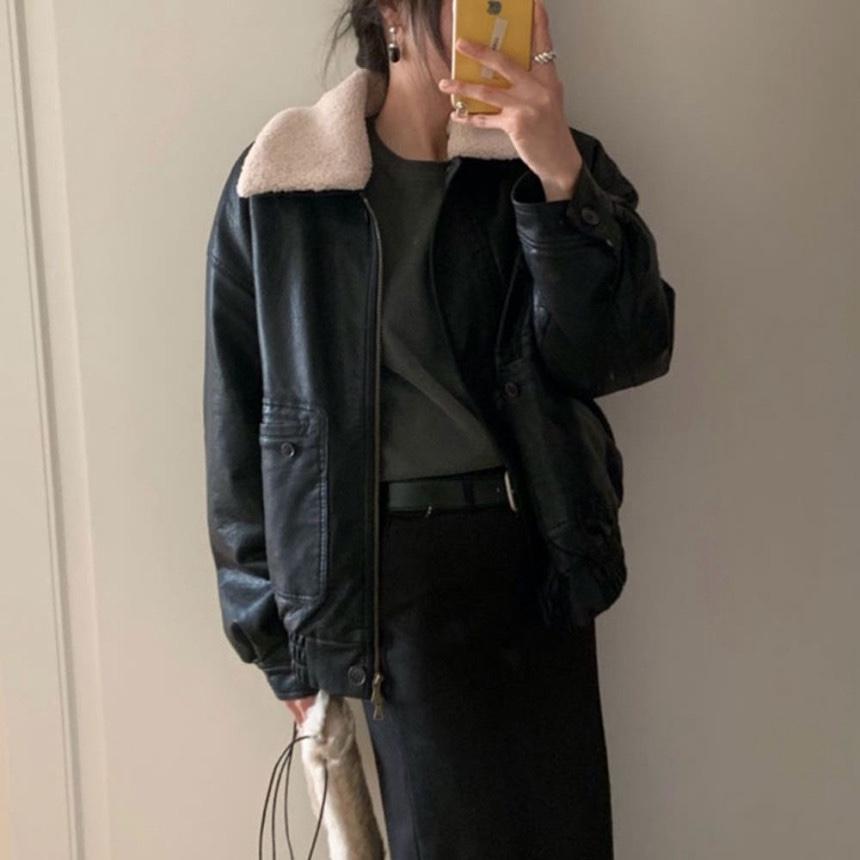 모에르 리버티 양털 카라 레더 자켓 퍼 탈부착