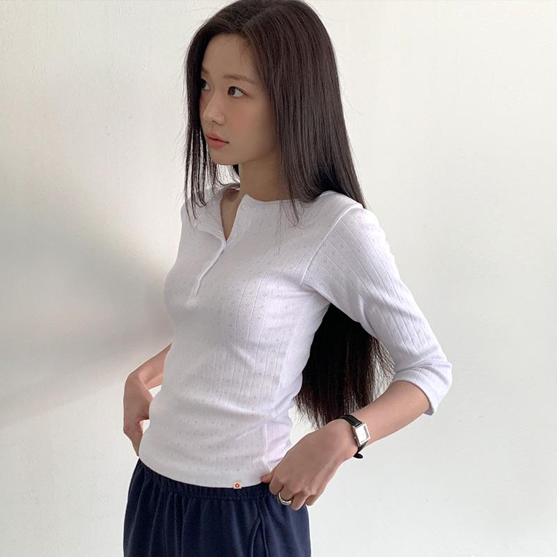 프롬비기닝 헨리넥 펀칭 7부 티셔츠 (3color) (반팔 반팔티 여름 티셔츠 휴양지룩 기본티 출근룩 반팔티셔츠 기본반팔티 상의)