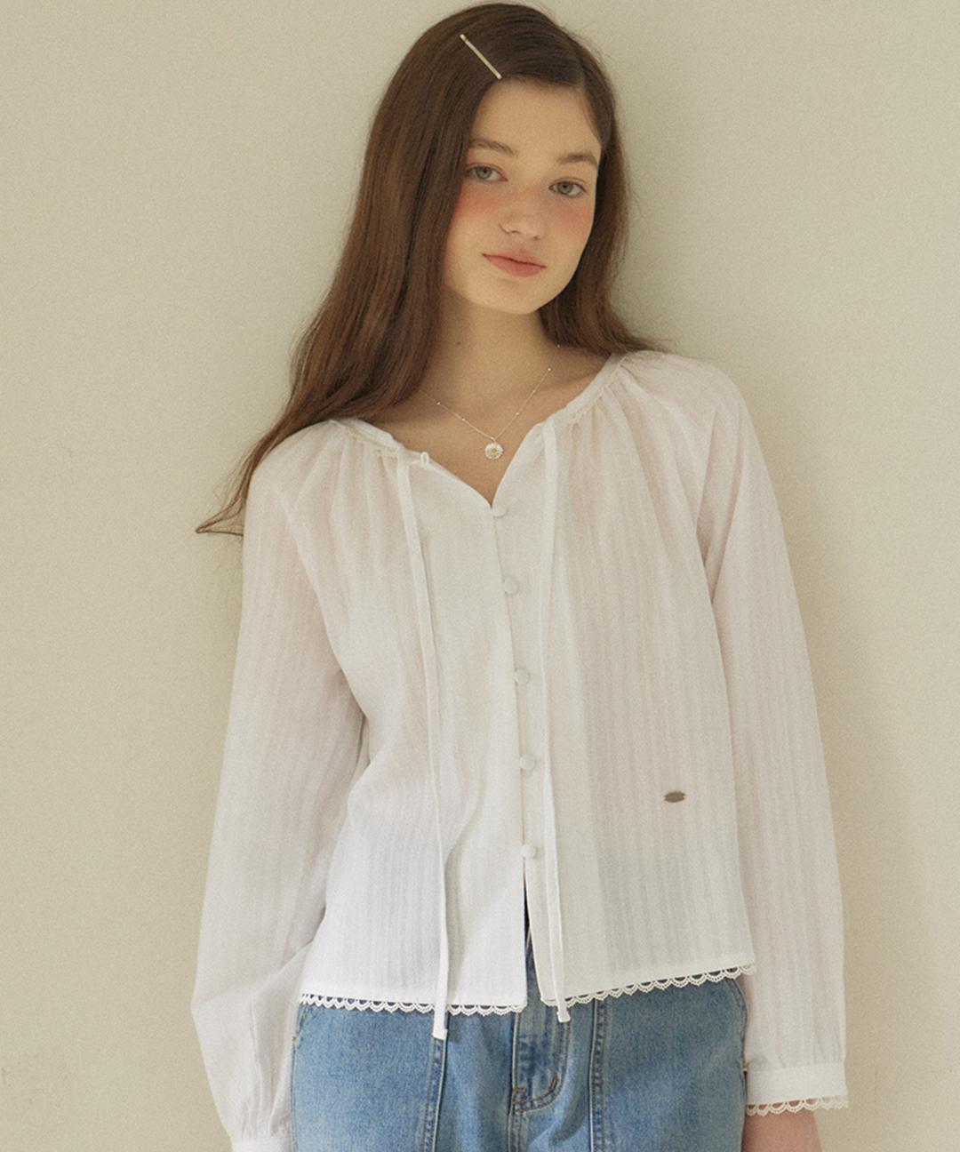 아워호프 Ribbon Shirring Blouse - Ivory