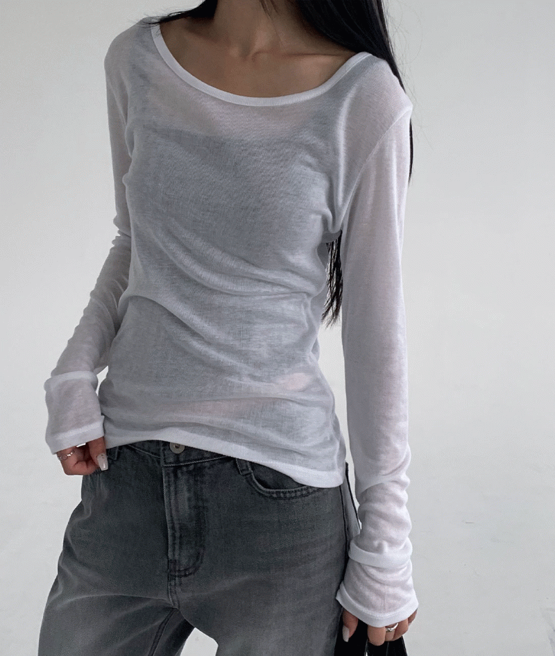 언타일 에어 텐셀 반유넥 시스루 레이어드 티셔츠