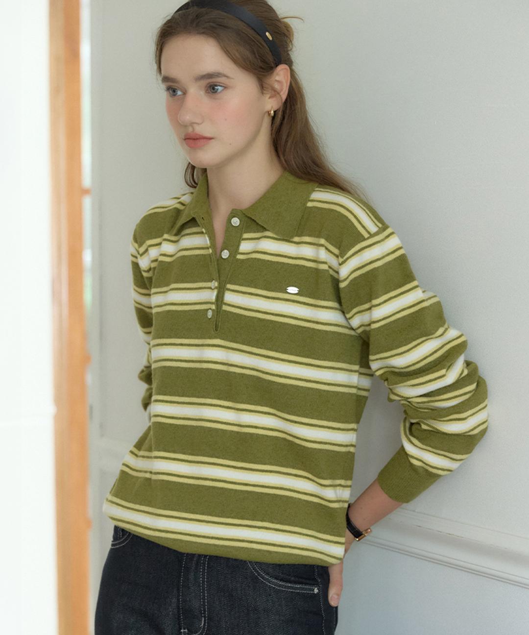 아워호프 Multi Stripe Collar Knit - Olive