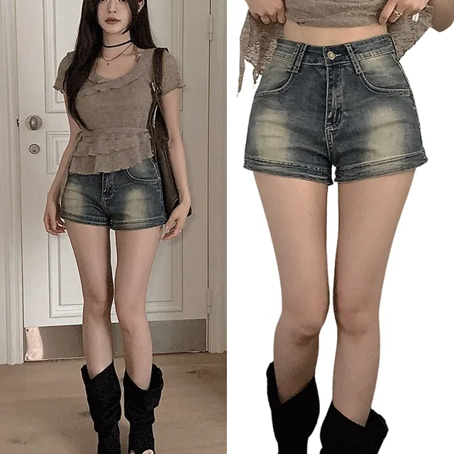 [색감👍핏보장❤️MD강추] 칼스 빈티지 워싱 밑단 스티치 하이웨스트 스판 숏팬츠 여름 데님 반바지 클래식블랑