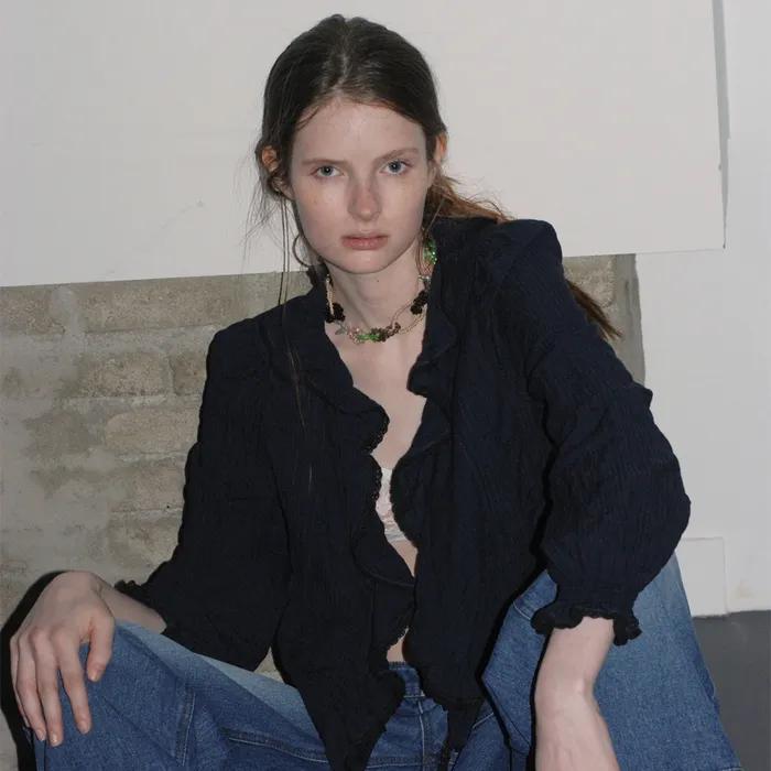 [6th] Pure ruffle blouse - navy