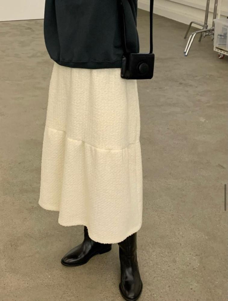 울 트위드 밴딩 롱 스커트