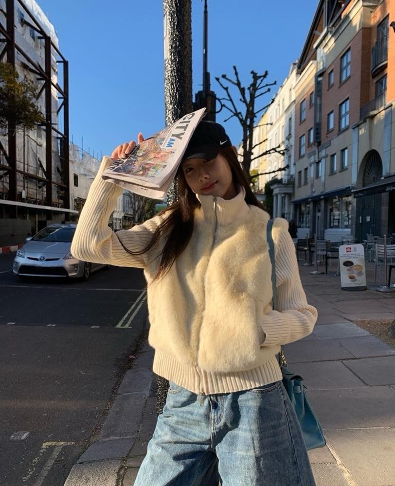 [더누베]켄지 퍼 니트 자켓