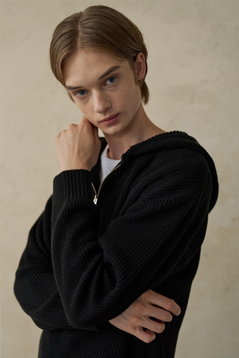 오버사이즈 리브 니트 후드 하프 집업_블랙