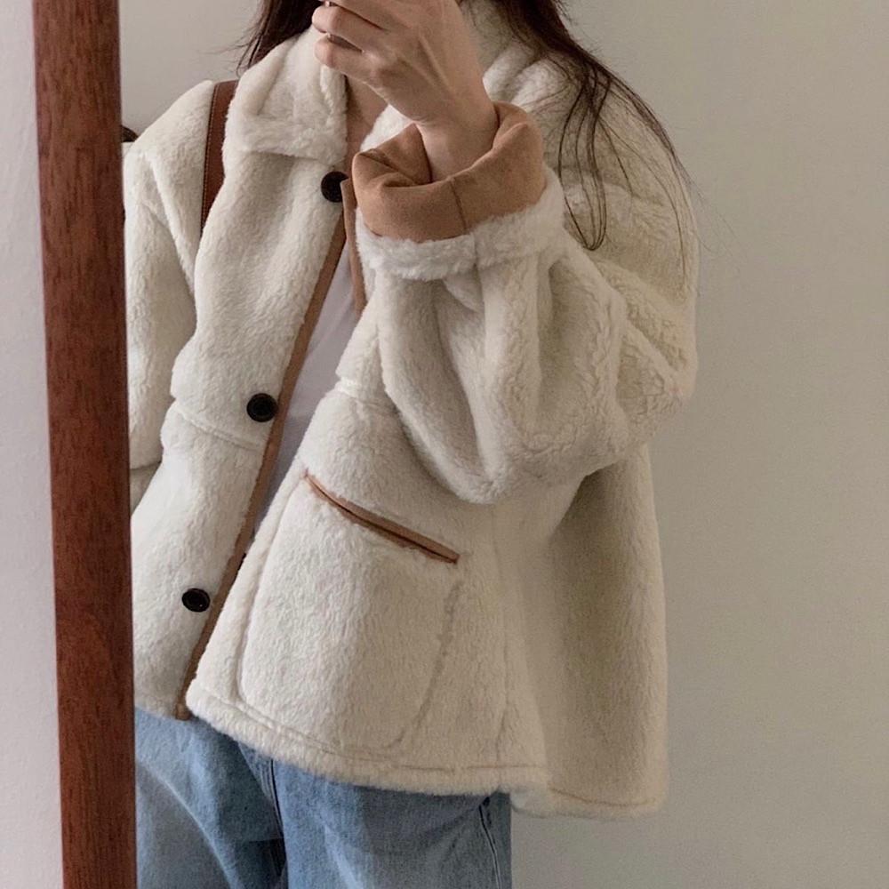 카멜당일/ 오브제 갤러리 시어링 무스탕 양털 페이크퍼 카라 싱글 포켓 jk (2col)