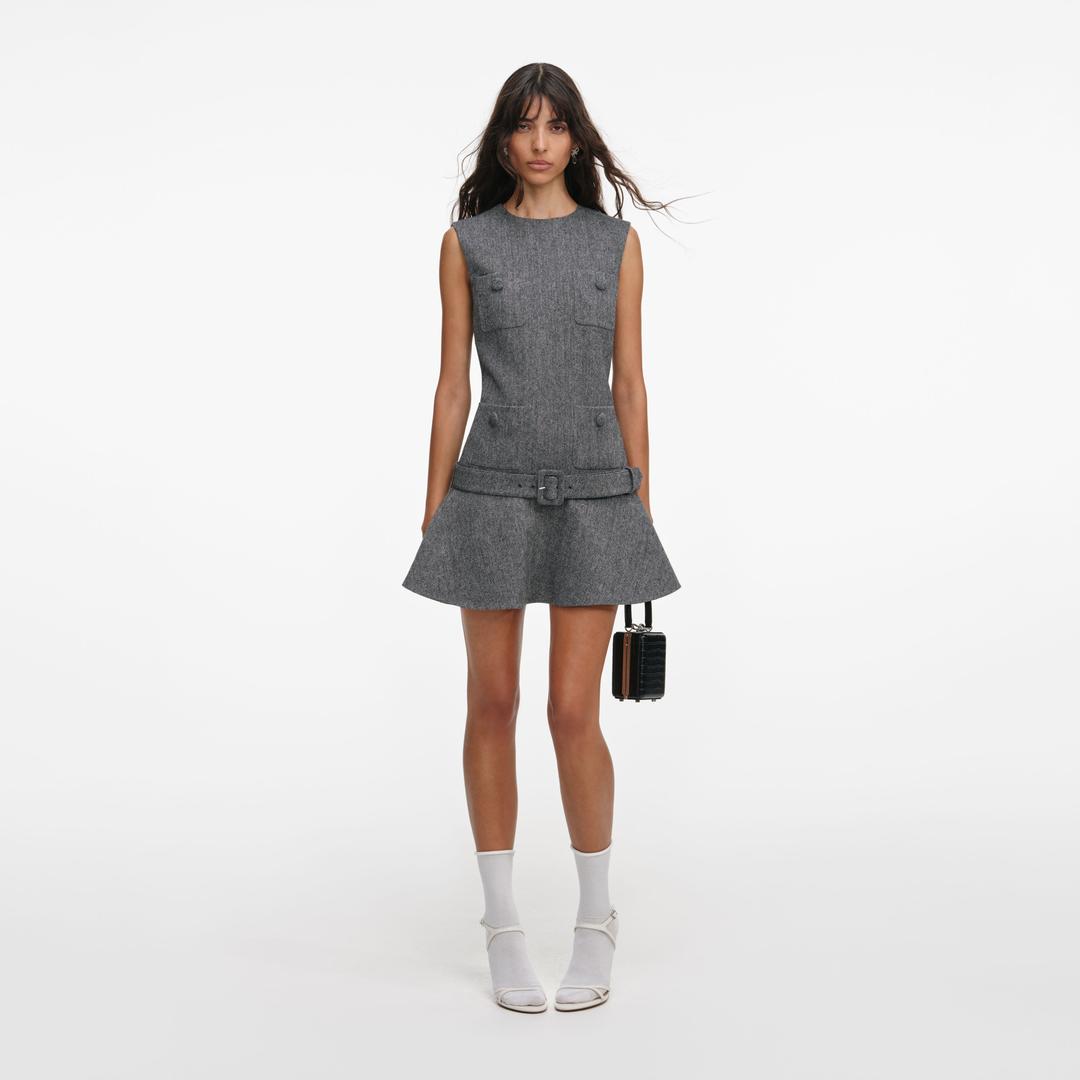 Grey Herringbone Flared Mini Dress - UK 4