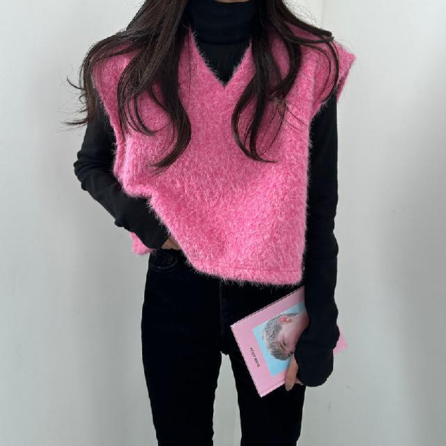 [앙고라20]큰사이즈,밑단스트링 체리쥬 오버핏 브이넥 조끼 베스트