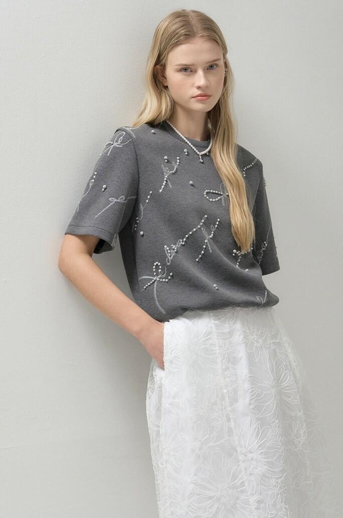 [OBZEE] 시퀸 & 비딩 플리티드 헴 하프 슬리브 티셔츠