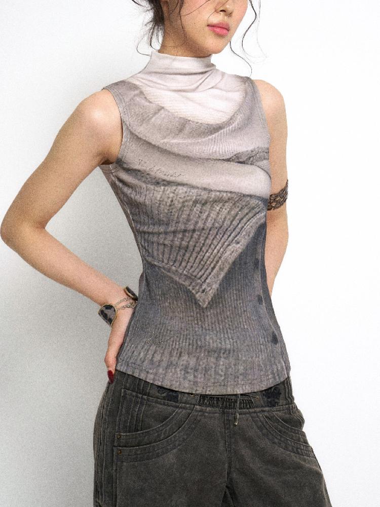 Flowers birds Market Half Stretch Knit Vest Sleeveless