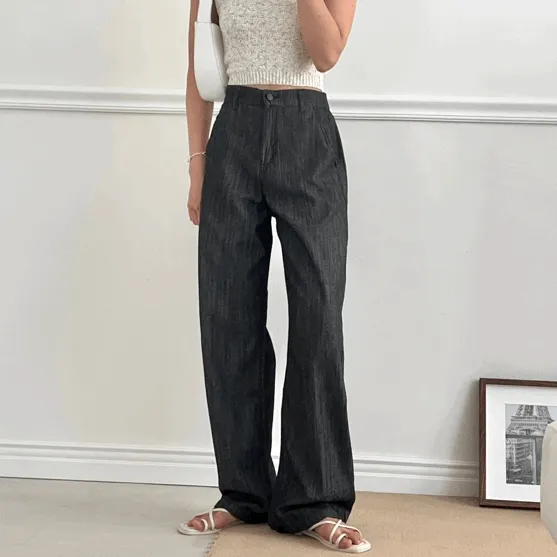 [S-XXL,쿨링여름데님] 2컬러 이염없이 깔끔한 데니쉬 하이웨스트 뒷밴딩 중청 흑청 와이드 팬츠