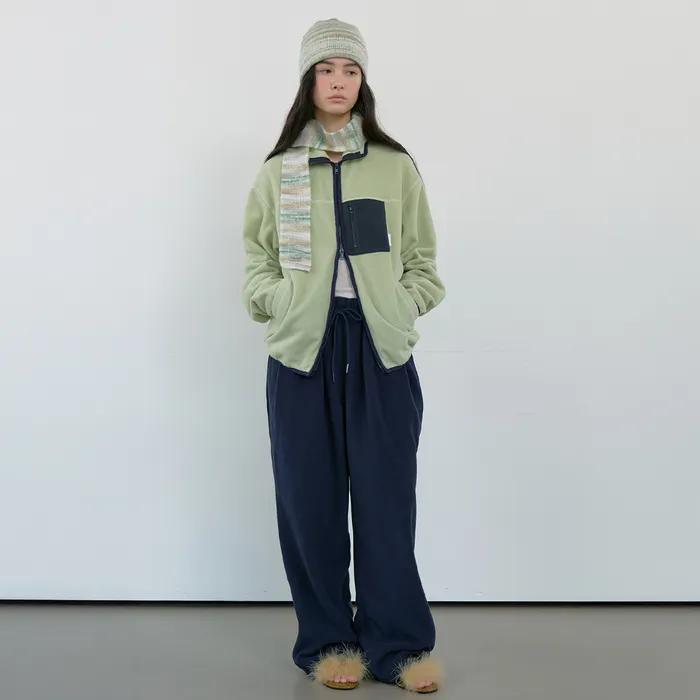 PLEATS TUCK WIDE FLEECE PANTS_NAVY