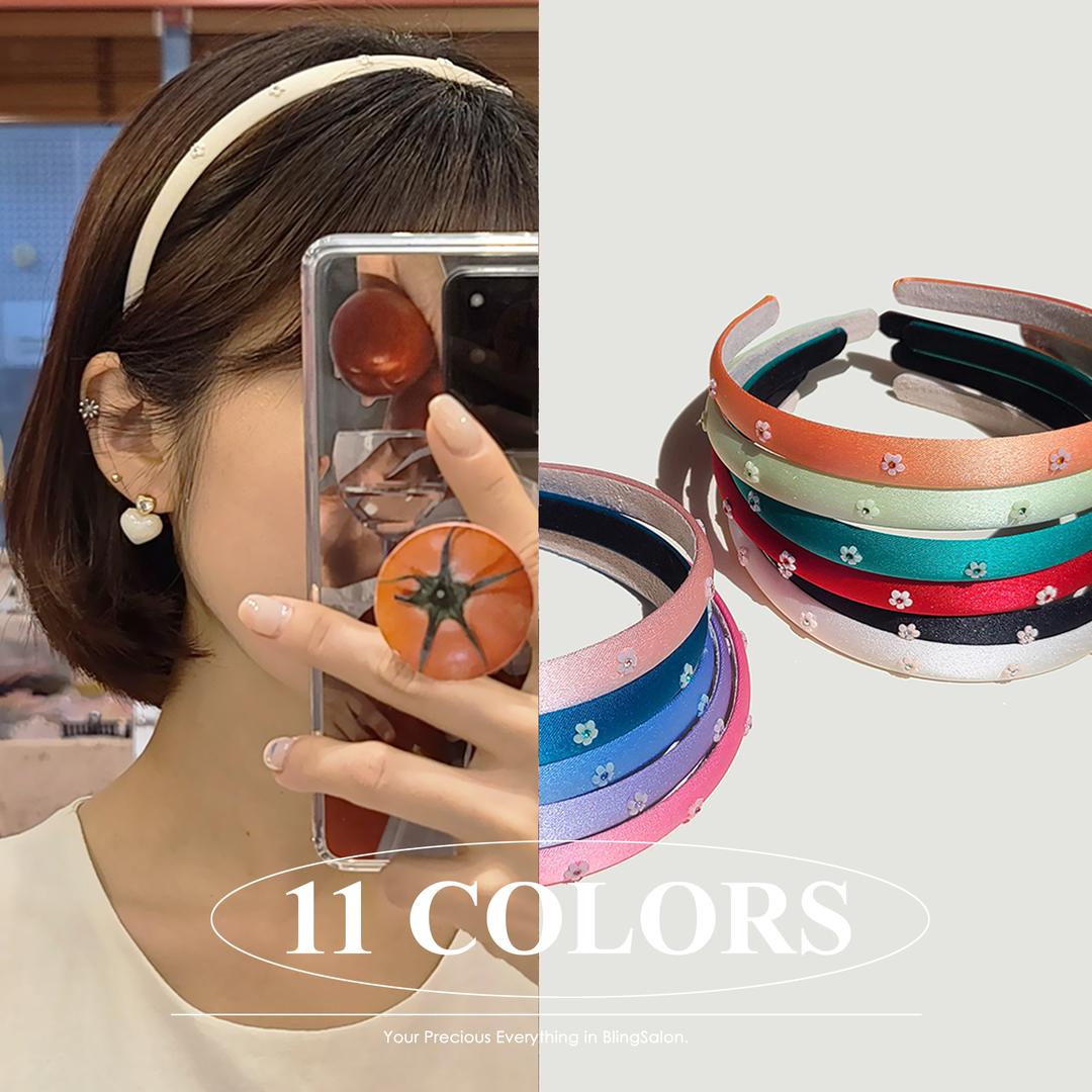 [블링살롱 made/국내제작] 하이퀄리티 샤인 수공예 크리스탈 비즈 포인트 새틴 1.5테 헤어밴드 11컬러