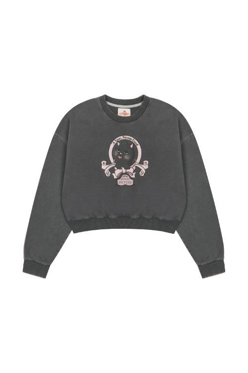 A CAT'S PICTURE CROPPED SWEATSHIRT (CHARCOAL)