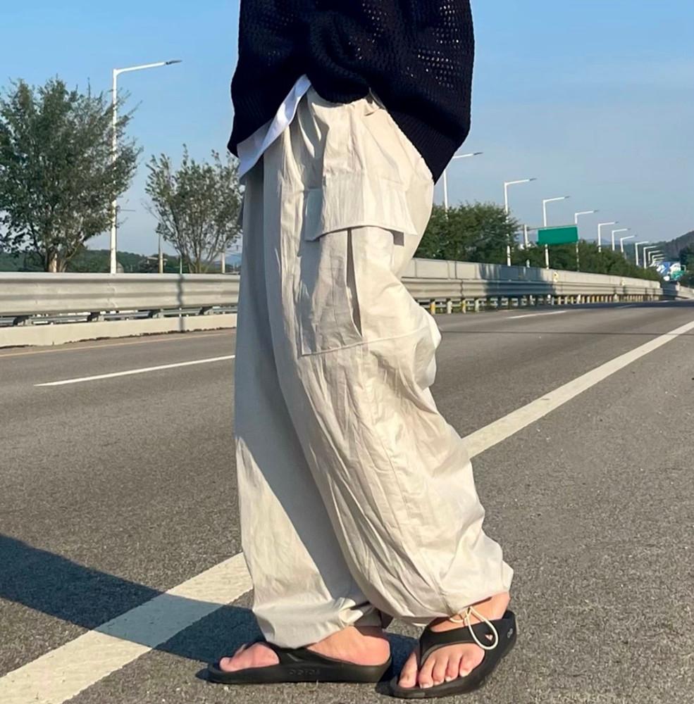 (남녀공용)2컬러 봄 여름 가을 와이드 스트링 링클 남자 여자 남성 여성 밴딩 카고 팬츠