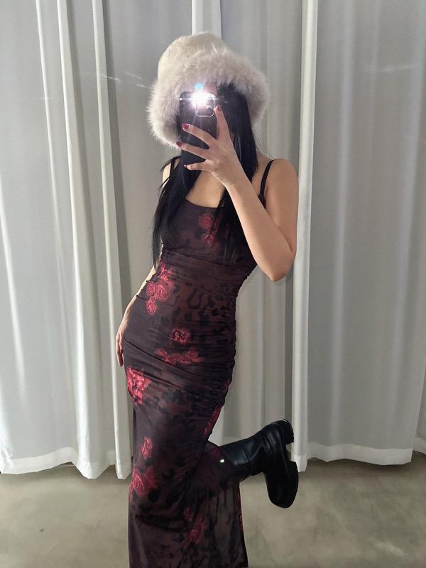 [당일출고]♥︎ONLY VIVIC♥︎LEOPARD FLOWER SHIRRING SLIT DRESS