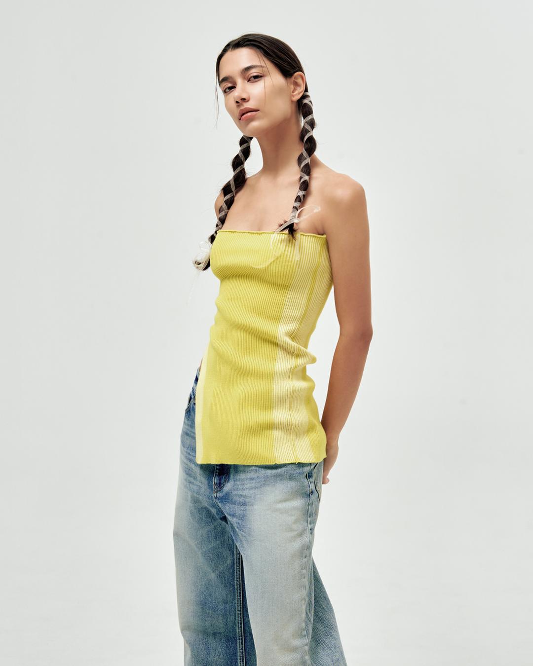 HAND DYEING MUFFLER KNIT TOP, YELLOW