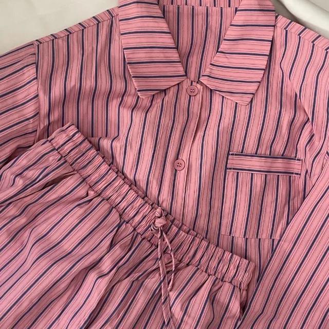 블론드 핑크 긴팔 반바지 커플 잠옷 세트