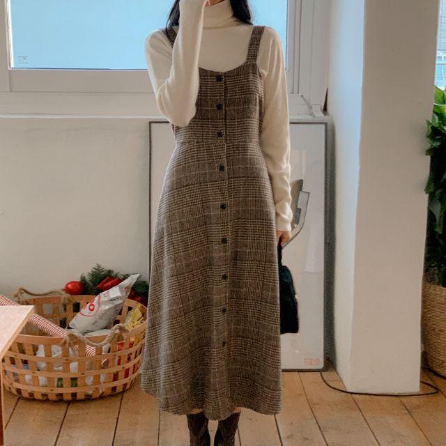 [연말룩/하객룩 강추!wool15%함유] brisa - 울체크리본뷔스티에원피스ops