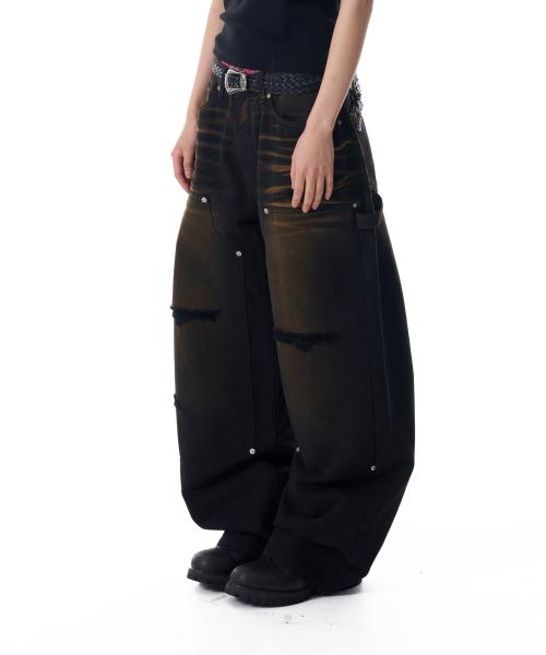 Dirty Washed Double Knee Cotton Pants (Black)
