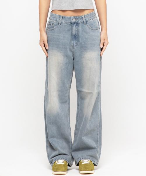 우먼즈 세미 와이드 워싱  데님팬츠[스카이블루]