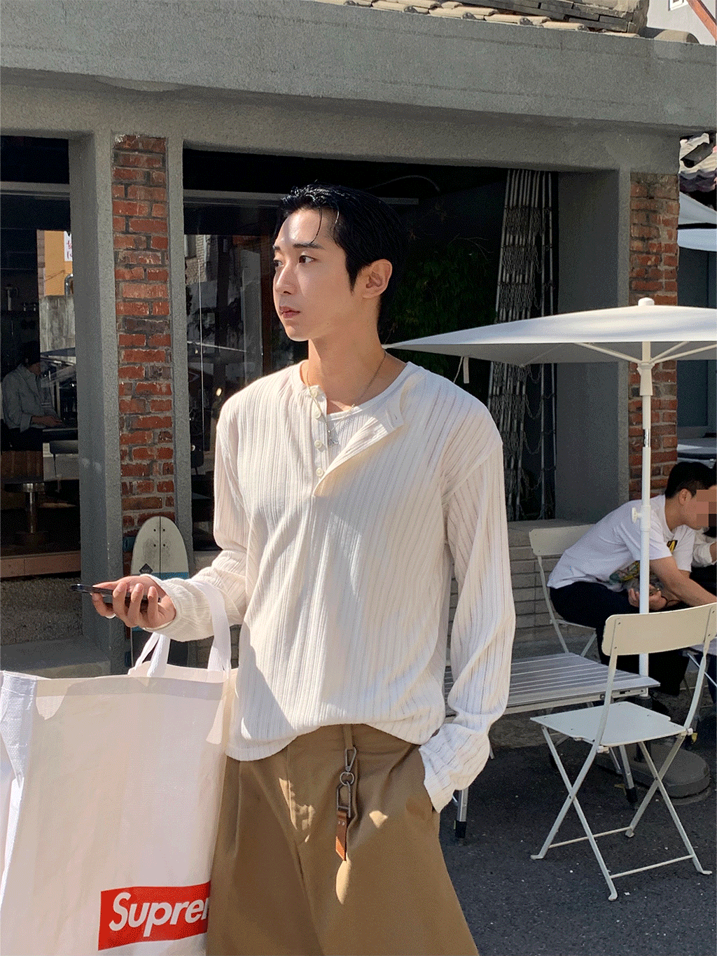 골지 헨리넥 긴팔 티셔츠