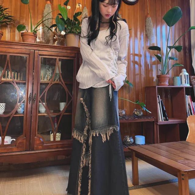 러프 빈티지 데님 워싱 맥시 롱스커트(청치마)