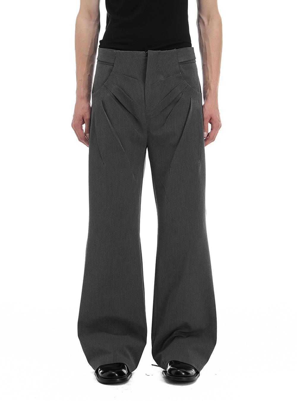 Grey Wool Blend Pleated Wide Trousers