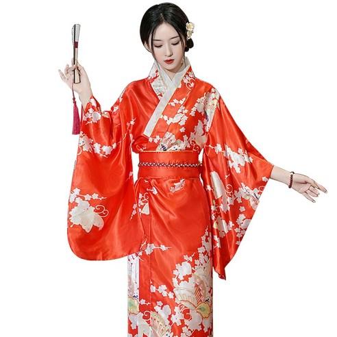 여성 일본 전통 기모노 유카타 개량 의상 여행 졸업 사진 민속 한복 치마 드레스 롱 스커트 반티 코스프레 자수 동양 플라워 F-6014, 레드, FREE
