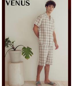 [비너스 애플아울렛] 여름용 선물용 면100 파스텔 체크패턴 베이직 남성 반팔파자마세트 잠옷상하의 VPA433