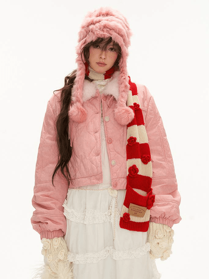 [MAMC] Strawberry Pop Fur Collar Crop Padding