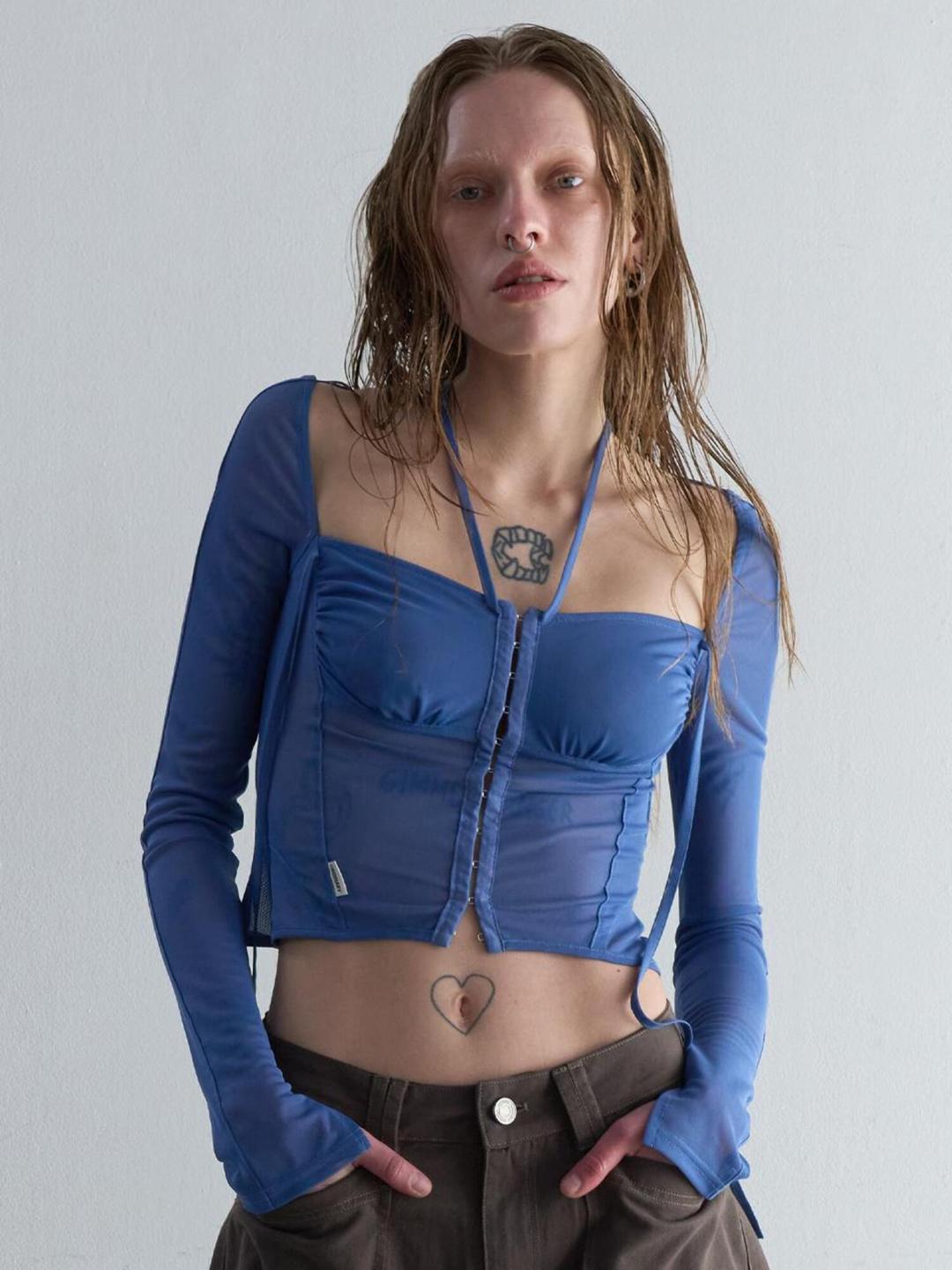MESH SHIRRING LONG SLEEVE TOP [BLUE]
