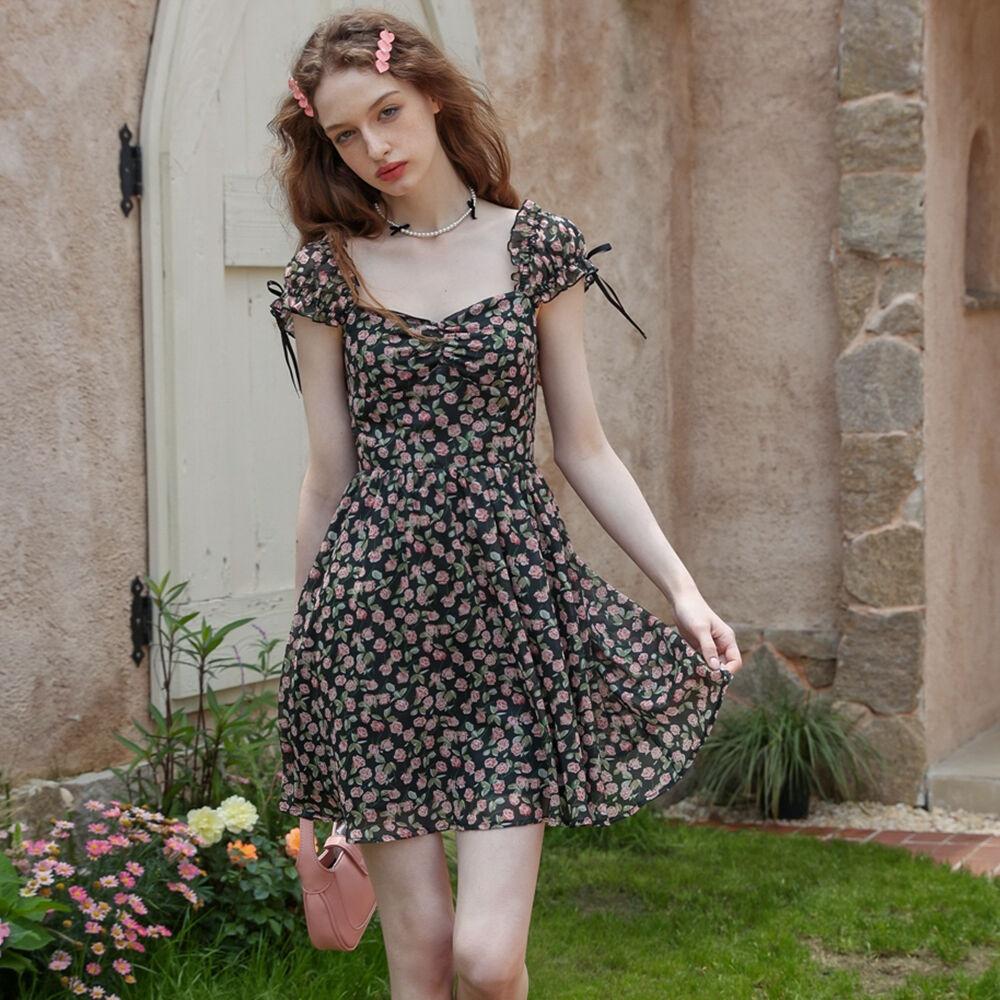 Cest_Black floral square neck dress