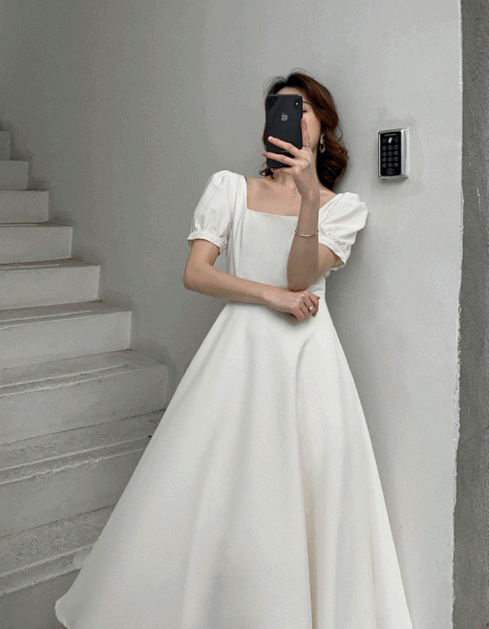 반팔 스퀘어넥 원피스 3color, 플레어 A라인 브라이덜샤워 셀프웨딩 드레스 빅사이즈