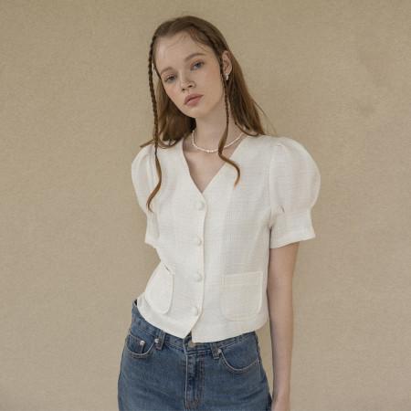 [클렛] 트위드 브이 넥 하프 블라우스 아이보리 TWEED V NECK HALF BLOUSE IVORY