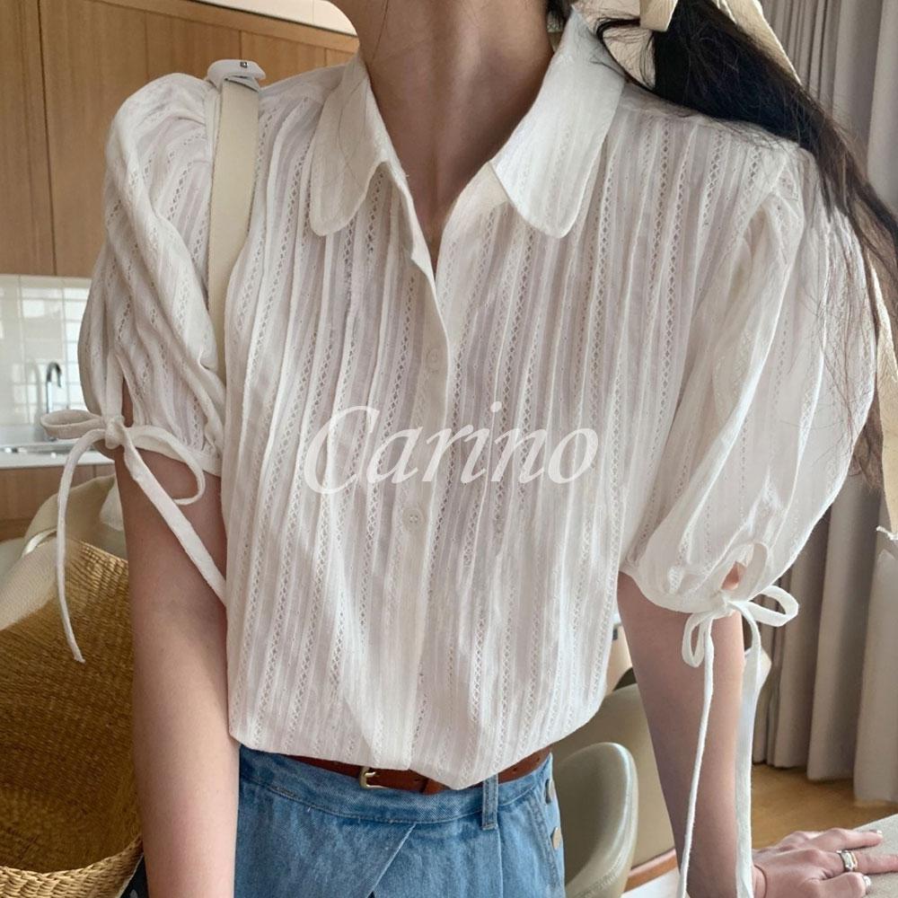 까리노 (당일/무료배송) 멜라운지 볼륨 핀턱 블라우스 반팔 카라 리본 아일렛